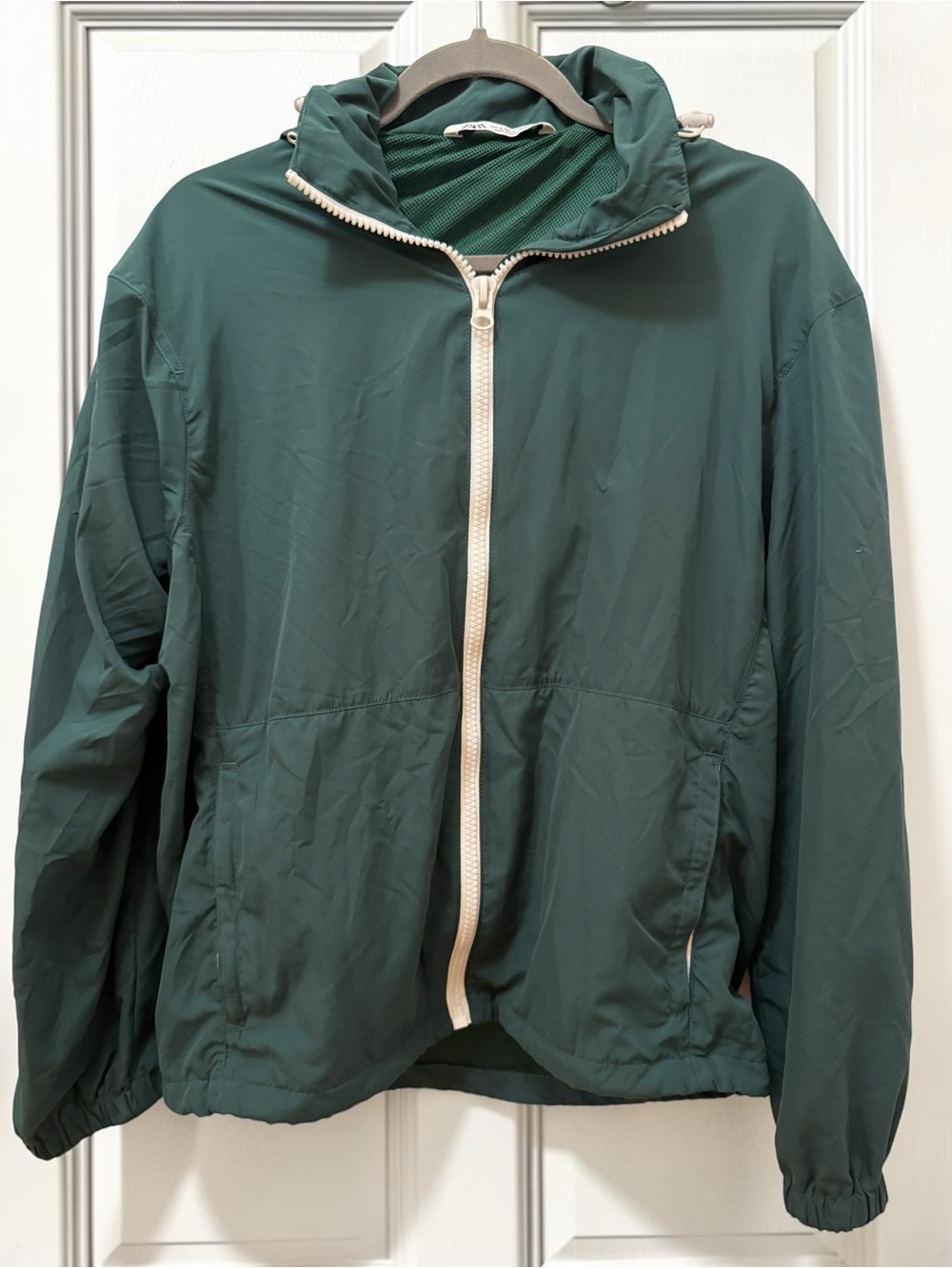 Zara Dark Green Hooded Windbreaker with Cream Zipper